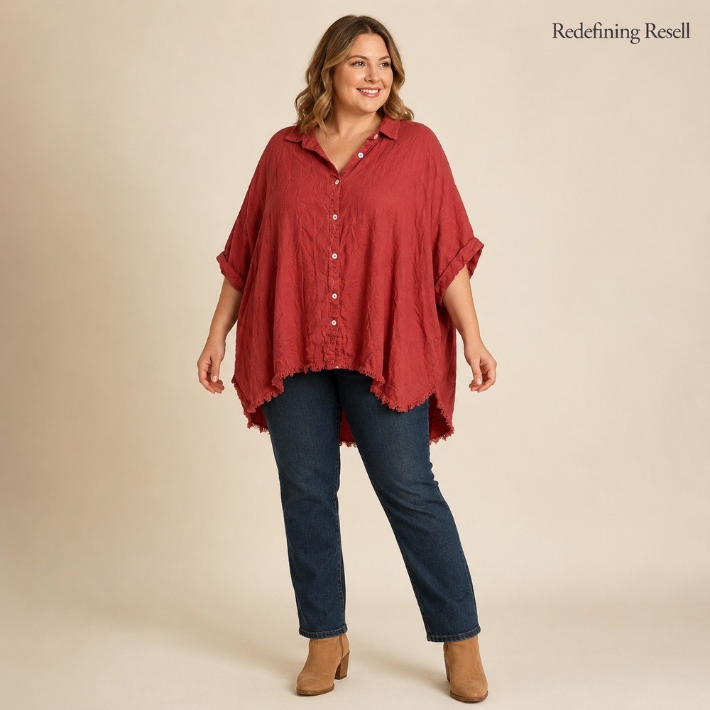 Umgee USA Red Linen Blend Oversized Frayed Hem Button Down Shirt 2XL WK6497